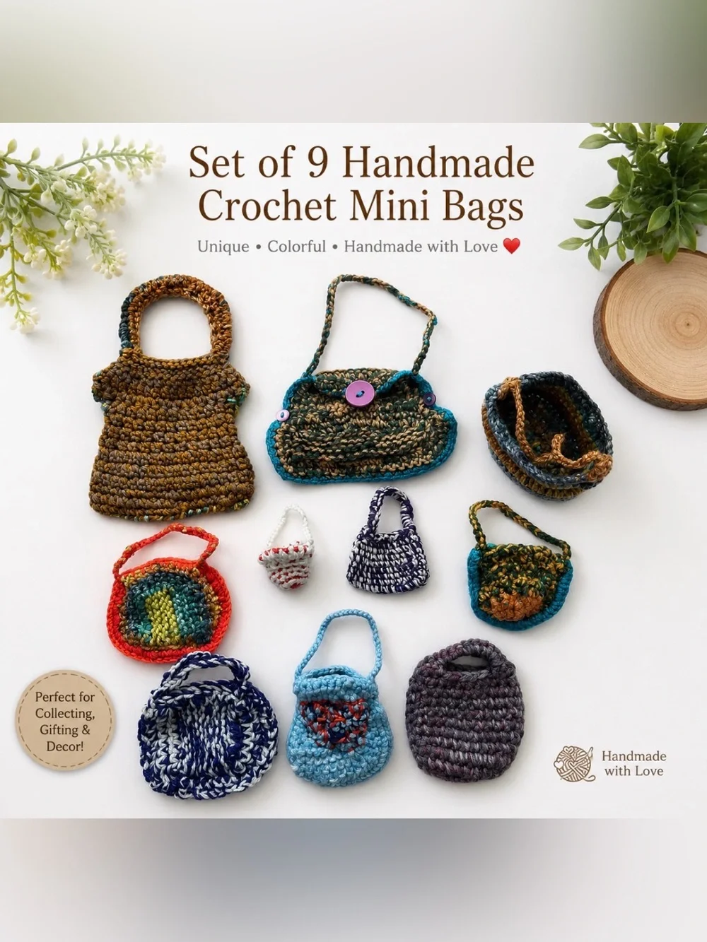 Set of 9 Handmade Crochet Mini Bags Doll Accessories Gift Collectible Decor